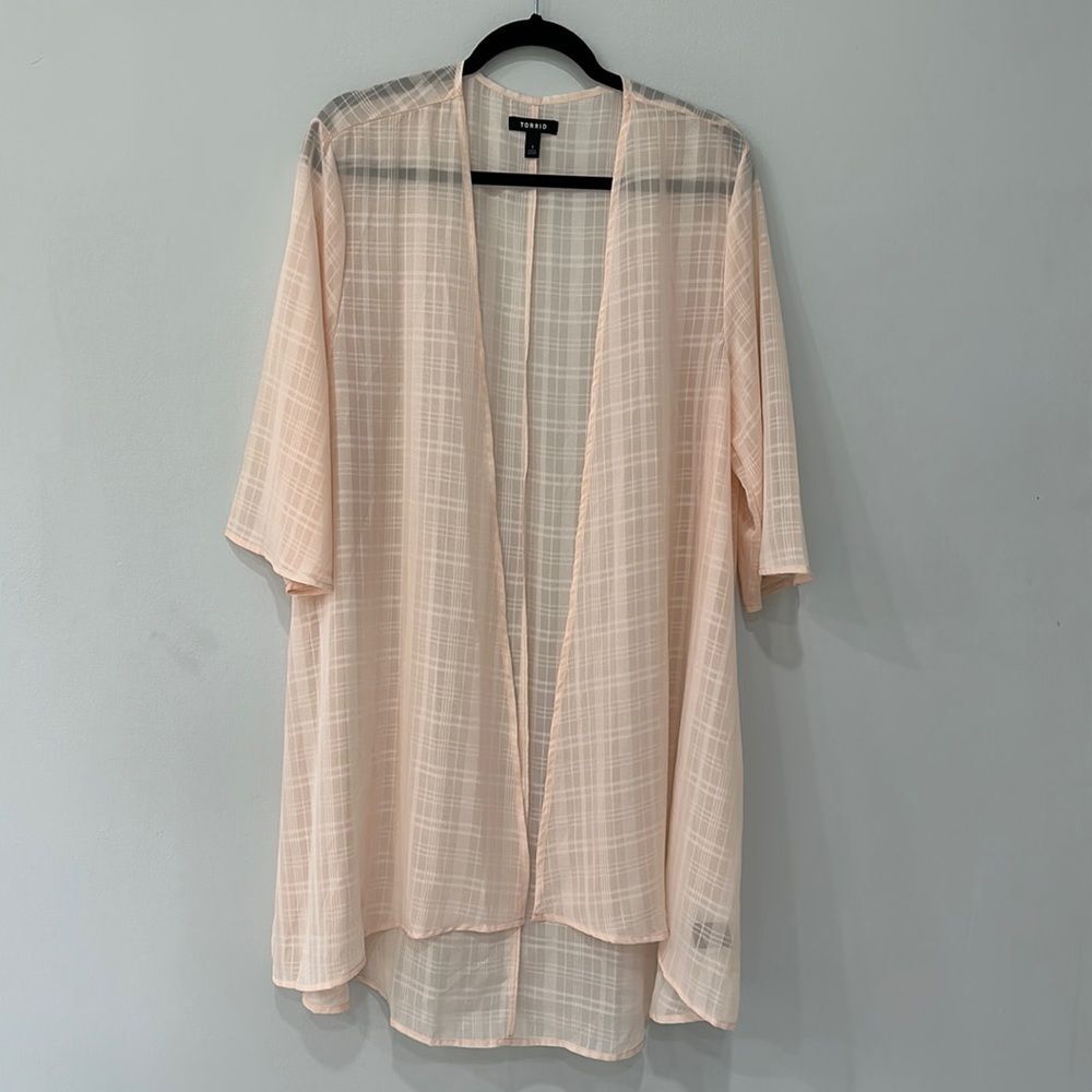 Torrid Light Pink Plaid Sheer Chiffon Kimono/Cover Up/Cardigan Plus Sz 1 - Picture 4 of 12